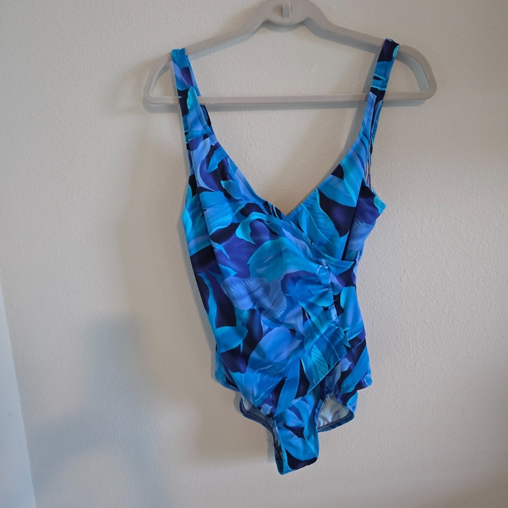 Jantzen One Piece Swimsuit Women Large Blue Purple Mock Wrap Ruched Leaf